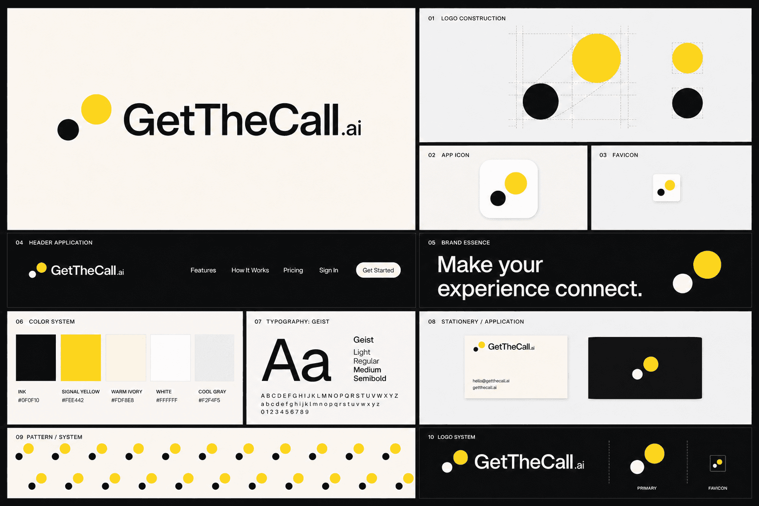 GetTheCall identity system showing the logo, construction, color, typography, app icon, navigation, stationery, and pattern
